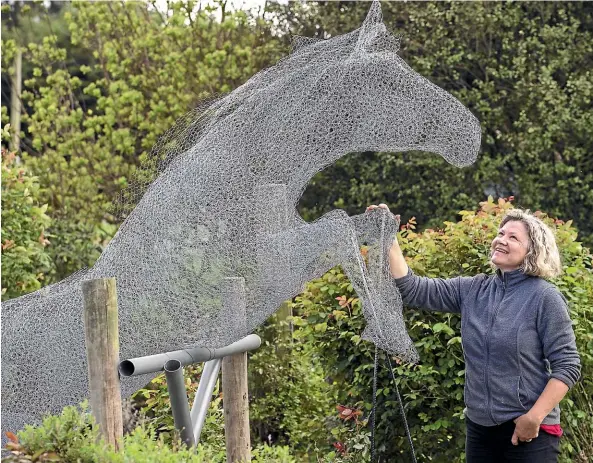  ?? JOHN BISSET/STUFF ?? The horse sculpture made out of chicken wire that Michelle Aplin has in the garden of her Waimate home.