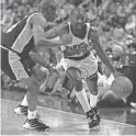  ?? ASSOCIATED PRESS ?? Elliot Perry of the Suns drives around Spurs guard Avery Johnson during a NBA Western Conference first-round playoff game in Phoenix on May 3, 1996.