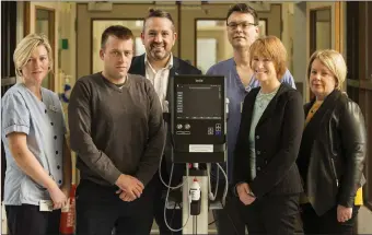  ??  ?? Pictured at the new Ultrasound machine in the Mercy University Hospital ICU are Elaine Hanna, CNM2 ICU MUH; Declan Hoare; Micheal Sheridan, CEO, Mercy Hospital Foundation; Dr. Donall O’Croinín, Anaestheti­st Mercy University Hospital; Karen Hoare; and...