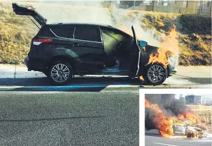  ??  ?? HOT ROD. A Ford Kuga goes up in flames on the N12 East near the Jet Park off-ramp in Ekurhuleni.