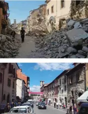  ??  ?? The top image, taken on Wednesday, and the bottom image, taken on Monday, show the main road of the village of Amatrice in central Italy, one of the towns hit by an earthquake Wednesday.