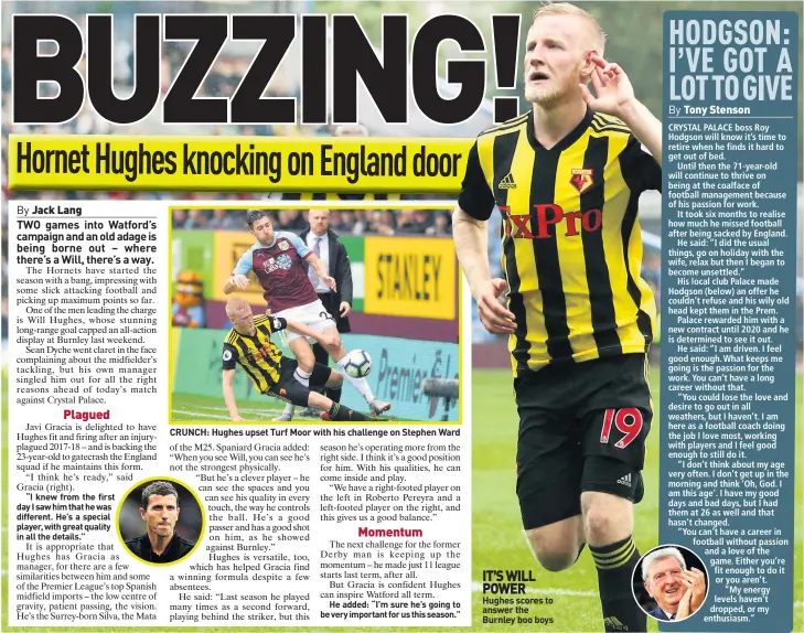  ??  ?? CRUNCH: Hughes upset Turf Moor with his challenge on Stephen Ward IT S WILL POWER Hughes scores to answer the Burnley boo boys