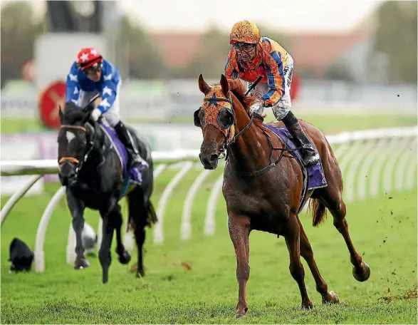  ??  ?? Opie Bosson and Gingernuts lead the Rosehill Guineas field home.