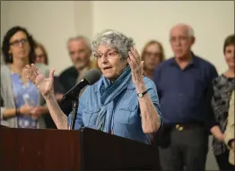  ?? JUSTIN MERRIMAN — THE NEW YORK TIMES ?? Rabbi Doris Dyen speaks during a news conference with families of the Tree of Life shooting victims at the Jewish Community Center in Pittsburgh on Wednesday.