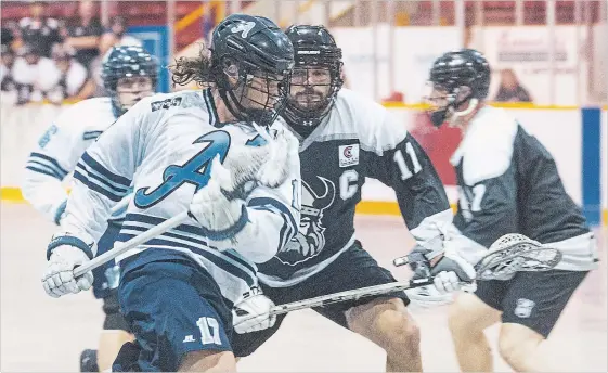  ?? JULIE JOCSAK THE ST. CATHARINES STANDARD ?? St. Catharines’ Jeff Wittig, foreground, drives to the Orangevill­e net in junior A lacrosse playoff action Wednesday night at Jack Gatecliff Arena in St. Catharines.