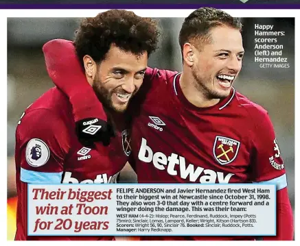  ?? GETTY IMAGES ?? Happy Hammers: scorers Anderson (left) and Hernandez