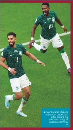  ?? ?? Saudi Arabia’s Salem Al Dawsari celebrates after scoring his side’s second goal against Argentina.