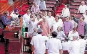  ?? PTI ?? Opposition leaders protest in the well of Rajya Sabha in New Delhi on Friday.