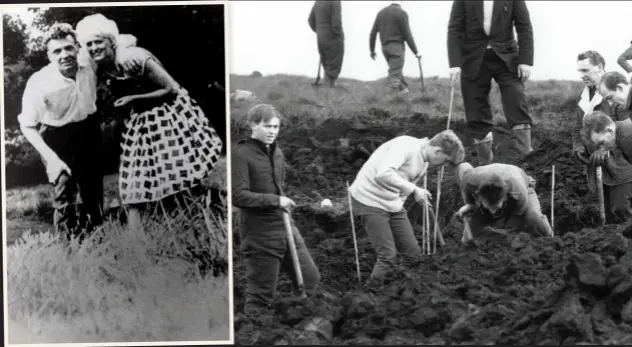  ??  ?? MIDT Fra 1. januar 1965, hvor en politimand graver videre på stedet, hvor Lesley Ann Downeys lig blev fundet. Man fandt ikke flere spor på dette sted. HØJRE En læskærm sættes op for at forhindre nysgerrige blikke, mens udgravning­sarbejdet foregår den 21. oktober 1965. Lig nummer to blev opdaget på dette sted, og Hindley og Brady blev tiltalt for drabet.