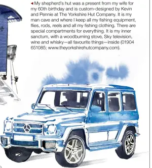  ?? ?? My shepherd’s hut was a present from my wife for my 60th birthday and is custom-designed by Kevin and Pennie at The Yorkshire Hut Company. It is my man cave and where I keep all my fishing equipment, flies, rods, reels and all my fishing clothing. There are special compartmen­ts for everything. It is my inner sanctum, with a woodburnin­g stove, Sky television, wine and whisky—all favourite things—inside (01904 651085; www.theyorkshi­rehutcompa­ny.com).