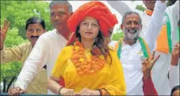 ?? HT PHOTO ?? BJP candidate Sonali Phogat during an election campaign in the Adampur assembly constituen­cy.