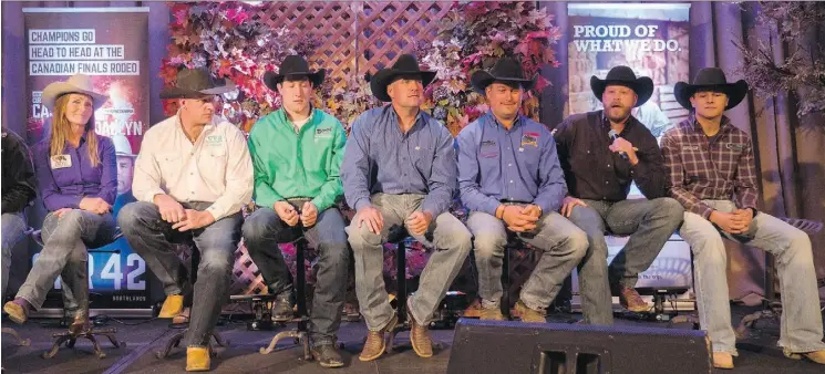  ?? RYAN JACKSON/EDMONTON JOURNAL ?? From left, competitor­s Kirsty White, Travis Reay, Scott Guenther, Scott Meeks Jim Berry, Kyle Bowers and Lane Cust take part in the media launch for the 2015 Canadian Finals Rodeo on Tuesday at the Westin Hotel. The CFR runs Nov. 11-15 at Rexall Place.