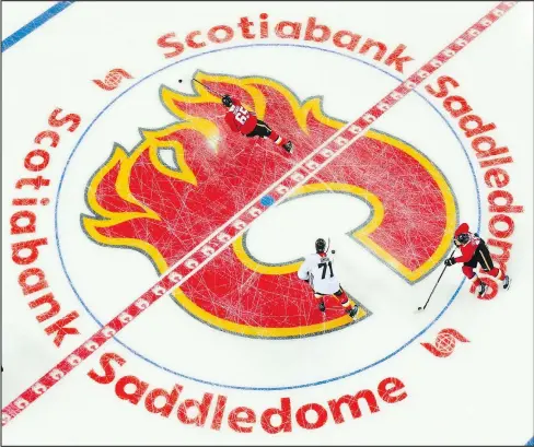  ??  ?? Flames players hit the ice at the start of training camp at Scotiabank Saddledome in Calgary. The Flames broke off talks with the city on a new arena last week, opening up the possibilit­y the team could move. But don’t count on it, writes Scott Stinson.