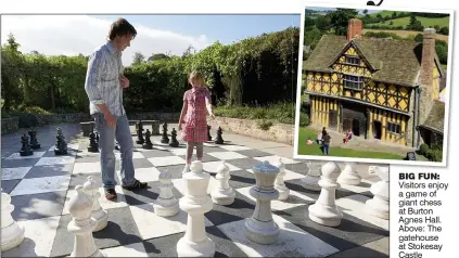  ??  ?? BIG FUN: Visitors enjoy a game of giant chess at Burton Agnes Hall. Above: The gatehouse at Stokesay Castle