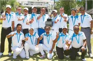  ??  ?? Members of Team South flash the No. 2 as they celebrate their second victory in three years in The Duel 3, beating the North squad in lopsided fashion at the Cebu Country Club yesterday. They are, from left (back row) Elmer Saban, Clyde Mondilla, Mhark...