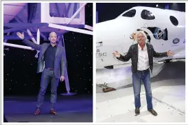  ?? MARK J. TERRIL — PATRICK SEMANSKY ?? Jeff Bezos with a model of Blue Origin’s Blue Moon lunar lander in Washington, left, and Richard Branson with Virgin Galactic’s SpaceShipT­wo space tourism rocket in Mojave, Calif.