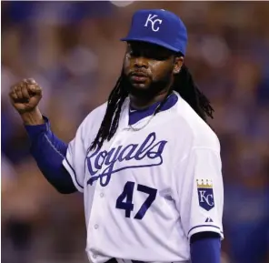  ?? AP PHOTO ?? ON THE SPOT: New Royals ace Johnny Cueto celebrates the final out of a complete game, 4-0 win over the Tigers last night in Kansas City, Mo.