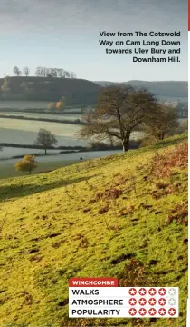  ??  ?? View from The Cotswold Way on Cam Long Down towards Uley Bury and Downham Hill.