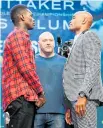  ?? Photo / Getty Images ?? Israel Adesanya (left) and Anderson Silva square off yesterday.