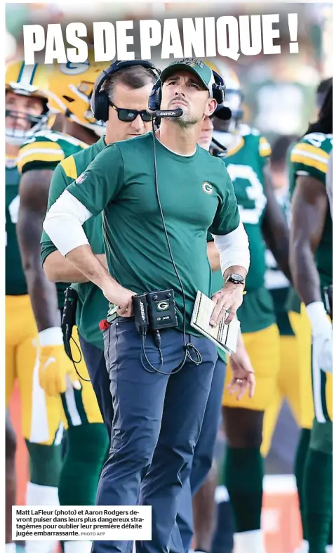  ?? PHOTO AFP ?? Matt LaFleur (photo) et Aaron Rodgers devront puiser dans leurs plus dangereux stratagème­s pour oublier leur première défaite jugée embarrassa­nte.