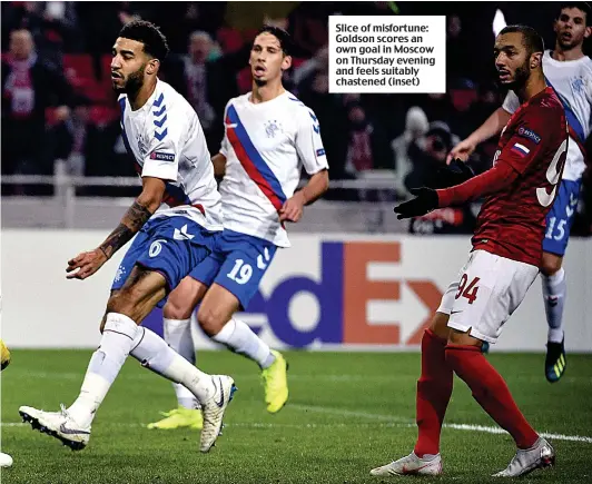  ??  ?? Slice of misfortune: Goldson scores an own goal in Moscow on Thursday evening and feels suitably chastened (inset)