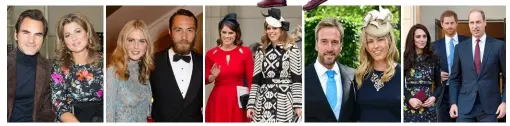  ??  ?? ABOVE, FROM LEFT: Guests include tennis star Roger Federer and wife Mirka; James Middleton and girlfriend Donna Air; Princesses Eugenie (left) and Beatrice; TV adventurer Ben Fogle and wife Marina; the Duke and Duchess of Cambridge, and Prince Harry.