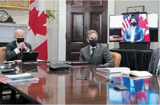  ?? EVAN VUCCI
THE ASSOCIATED PRESS ?? U.S. President Joe Biden and Secretary of State Antony Blinken listen as Prime Minister Justin Trudeau speaks during a bilateral meeting, in the Roosevelt Room of the White House Tuesday.