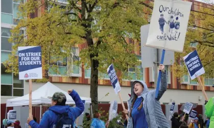  ?? Photograph: Claire Rush/AP ?? Teachers have been on the picket line since 1 November over issues of pay, class sizes and planning time.