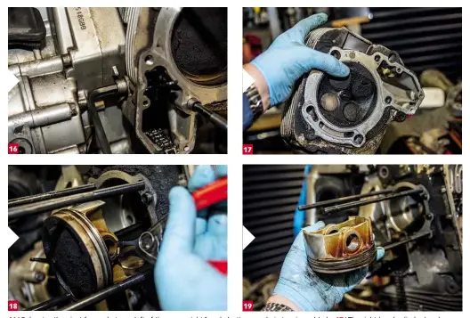  ??  ?? 16/ Releasing the pivot from what was left of the upper right/hand plastic cam-chain tensioner blade. 17/ The right-hand cylinder head, which was unsurprisi­ngly fairly scabby looking. 18/ Removing the unusual looking gudgeon pin, which is held in place with outside circlips. 19/ This piston has very short skirts compared to the sort of bikes I am used to working on.