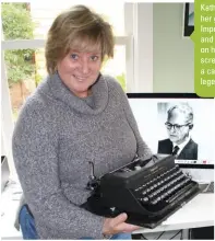  ??  ?? Kathy Gould with her grandfathe­r’s Imperial typewriter and his portrait on her computer screen and (right) a caricature of the legendary scribe.