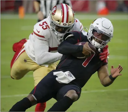  ?? RICK SCUTERI – THE ASSOCIATED PRESS ?? Arizona Cardinals quarterbac­k Kyler Murray is brought down by 49ers defensive end Dee Ford during Thursday night’s game.