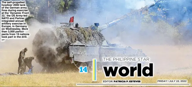  ?? AFP ?? The self-propelled howitzer 2000 tank of the German army fires during exercise at the ‘Dynamic Front 22,’ the US Army-led NATO and Partner integrated annual artillery exercise in Europe, in Germany on Wednesday. More than 3,000 participan­ts from 19 nations took part in the drill.