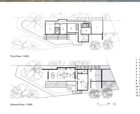  ??  ?? 1 Garage
2 Entry
3 Bedroom 4 Media room 5 Void
6 Store
7 Lounge 8 Laundry
9 Music room 10 Kitchen
11 Dining 12 Terrace 13 Outdoor shower