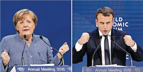  ?? FOTOS: DPA/AP ?? Bundeskanz­lerin Angela Merkel und Emmanuel Macron sprechen vor dem 48. Weltwirtsc­haftsforum im Schweizer Skiort Davos.