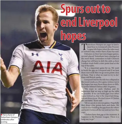  ??  ?? Harry Kane of Tottenham Hotspur celebrates after scoring