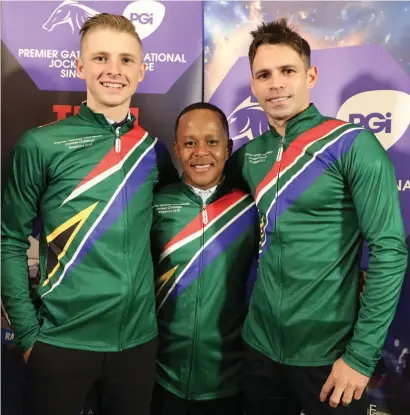  ??  ?? READY FOR WAR. Lyle Hewitson, Muzi Yeni and Aldo Domeyer after receiving their silks which they will wear during today’s Premier Gateway Internatio­nal Jockeys Challenge at the Kranji Racecourse in Singapore. The Jockeys Challenge is presented by Phumelela and Tabcorp.