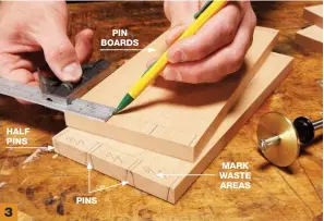  ??  ?? 3 Locate the pins on the end of one board. Then use an adjustable square to transfer the straight lines to the remaining pin board faces. Layout bandsawn dovetails is easier than hand-cut, because you don't have to mark the wedge-shaped pins on the end of every board.