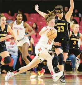  ?? JULIA NIKHINSON/AP ?? Maryland guard Abby Meyers drives past Michigan forward Emily Kiser during the first half of Thursday’s game in College Park.