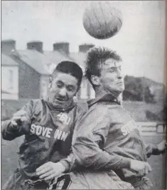  ??  ?? Kevin Farrell and Billy Treacy of Little Bray United combine to win this ball during the drawn game at the Carlisle Grounds.