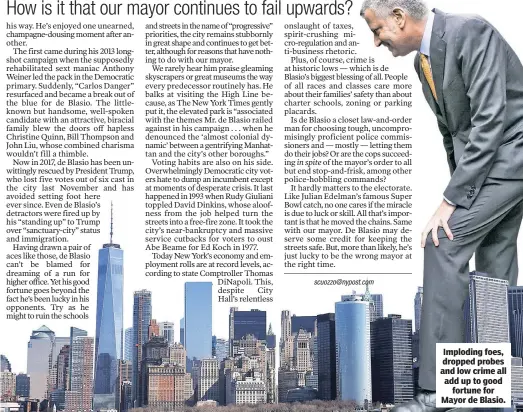  ??  ?? Imploding foes, dropped probes and low crime all add up to good fortune for Mayor de Blasio.