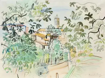  ?? COLECCIÓN PARTICULAR ?? VUE DE CALDES DE MONTBUI, c. 1948-49. Dufy cruzó la frontera en varias ocasiones para beneficiar­se de las aguas termales en Caldes de Montbui. En este cuadro, de nuevo la vegetación crea un velo natural sobre la plácida villa.