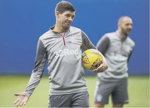  ??  ?? 0 Rangers manager Steven Gerrard takes training at the club’s Hummel Training Centre yesterday ahead of tonight’s match against Legia.