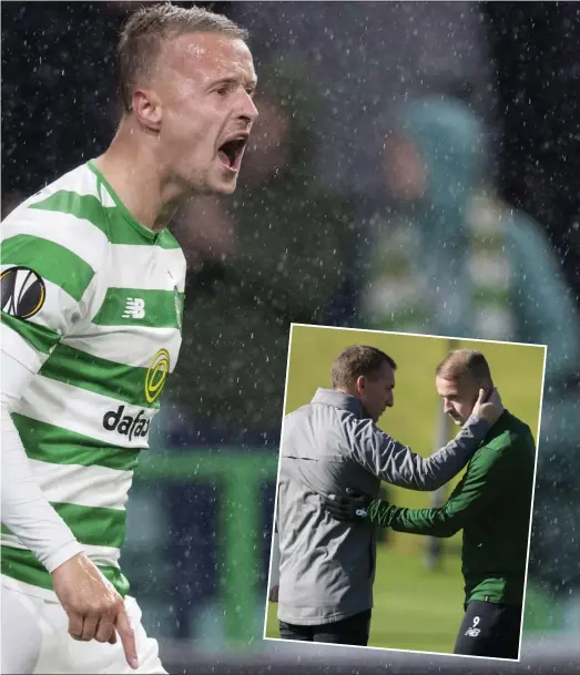  ??  ?? coming on as a substitute against Rosenborg and (inset) chats with Brendan Rodgers yesterday at Lennoxtown