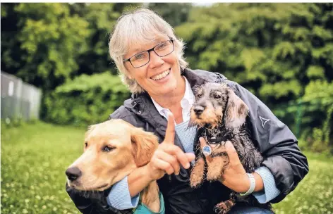  ?? RP-FOTO: RALPH MATZERATH ?? Sylvia Spelsberg mit Kaninchend­ackel Nils und Golden-Retriever-Junges Lotta. Mehr Bilder und Video unter www.rp-online.de/langenfeld.