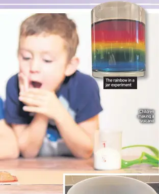  ??  ?? The rainbow in a jar experiment
Children making a volcano