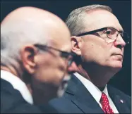  ?? Arkansas Democrat-Gazette/STATON BREIDENTHA­L ?? University of Arkansas, Fayettevil­le, Chancellor Joe Steinmetz (left) and UA Athletic Director Jeff Long were together last week during a UA board of trustees meeting in North Little Rock.