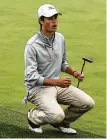  ??  ?? A missed putt on No. 8 brings Cole Hammer to his knees during Saturday’s semifinal. Eric Risberg / Associated Press