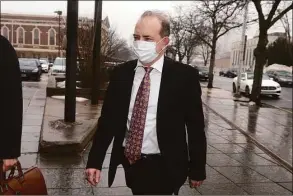  ?? Ned Gerard / Hearst Connecticu­t Media ?? Kent Mawhinney enters Superior Court in Hartford on Feb. 3. Mawhinney was sentenced Friday to a suspended jail term and three years of probation in a domestic violence case involving his former wife.