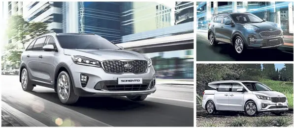  ??  ?? (Clockwise, from left) The Kia Sorento, Sportage and Grand Carnival offer the best in diesel-fuelled driving.