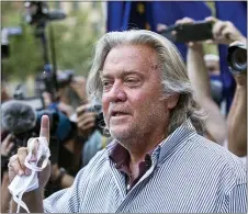  ?? EDUARDO MUNOZ ALVAREZ — THE ASSOCIATED PRESS FILE ?? In this Aug. 20, 2020, file photo, President Donald Trump’s former chief strategist, Steve Bannon, speaks with reporters in New York after pleading not guilty to charges that he ripped off donors to an online fundraisin­g scheme to build a southern border wall.